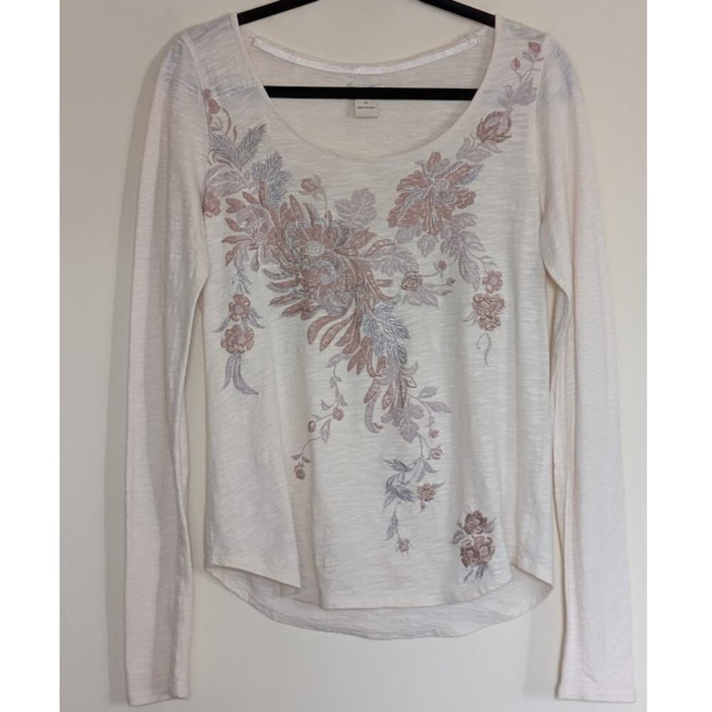 Lucky Brand Womens M Metallic Floral Embroidered Soft Boho Casual Earthy T-Shirt